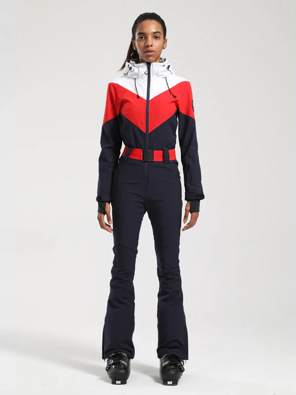 Women's Gsou Snow Retro Belted Color-Blocked Flare One Piece Ski Suit - Image 6