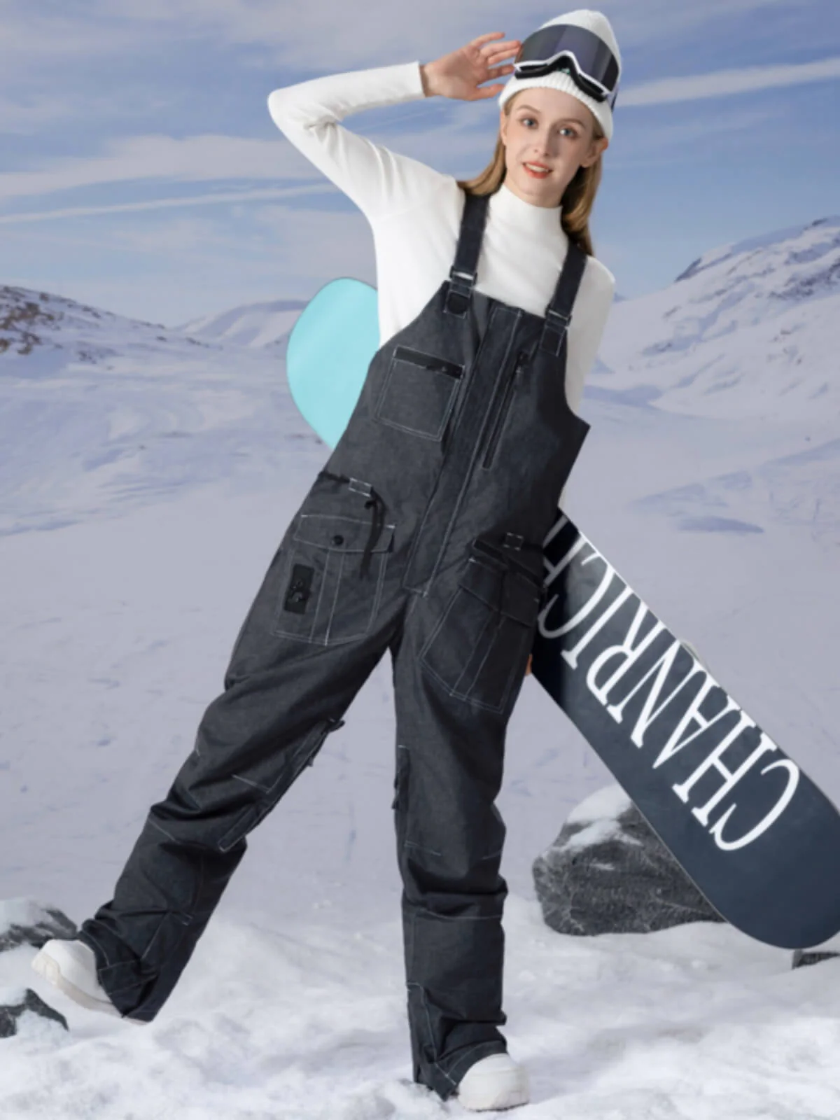 Women's PowderQueen Snow Adventure Bibs Denim Snow Pants - Image 3
